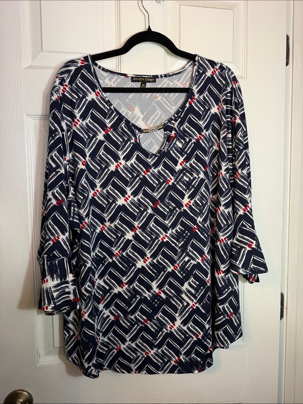 Navy Geometric V-Neck Long Sleeve Top with Red Dot Accents